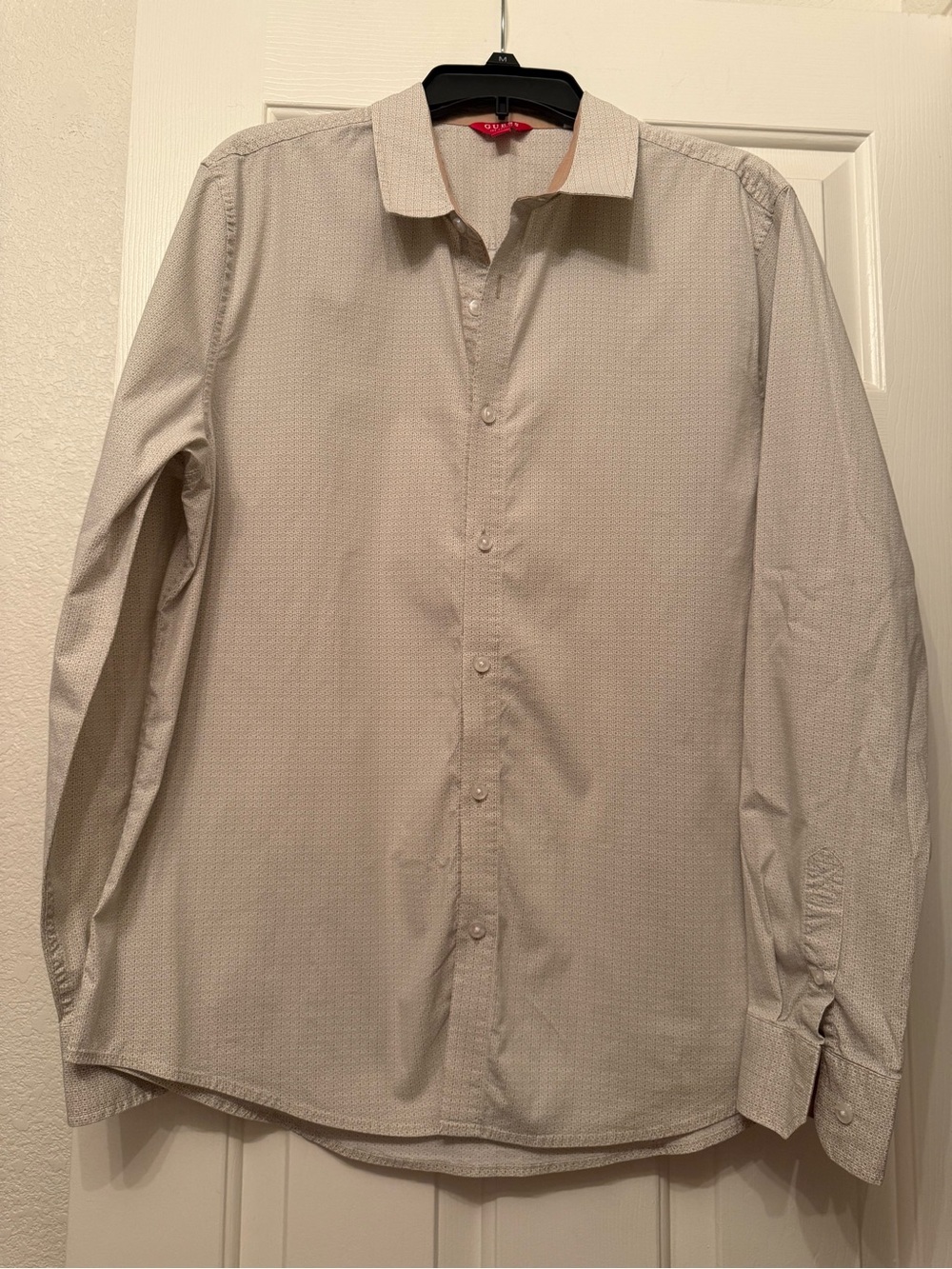 Guess Men's Light Beige Micro-Print Dress Shirt